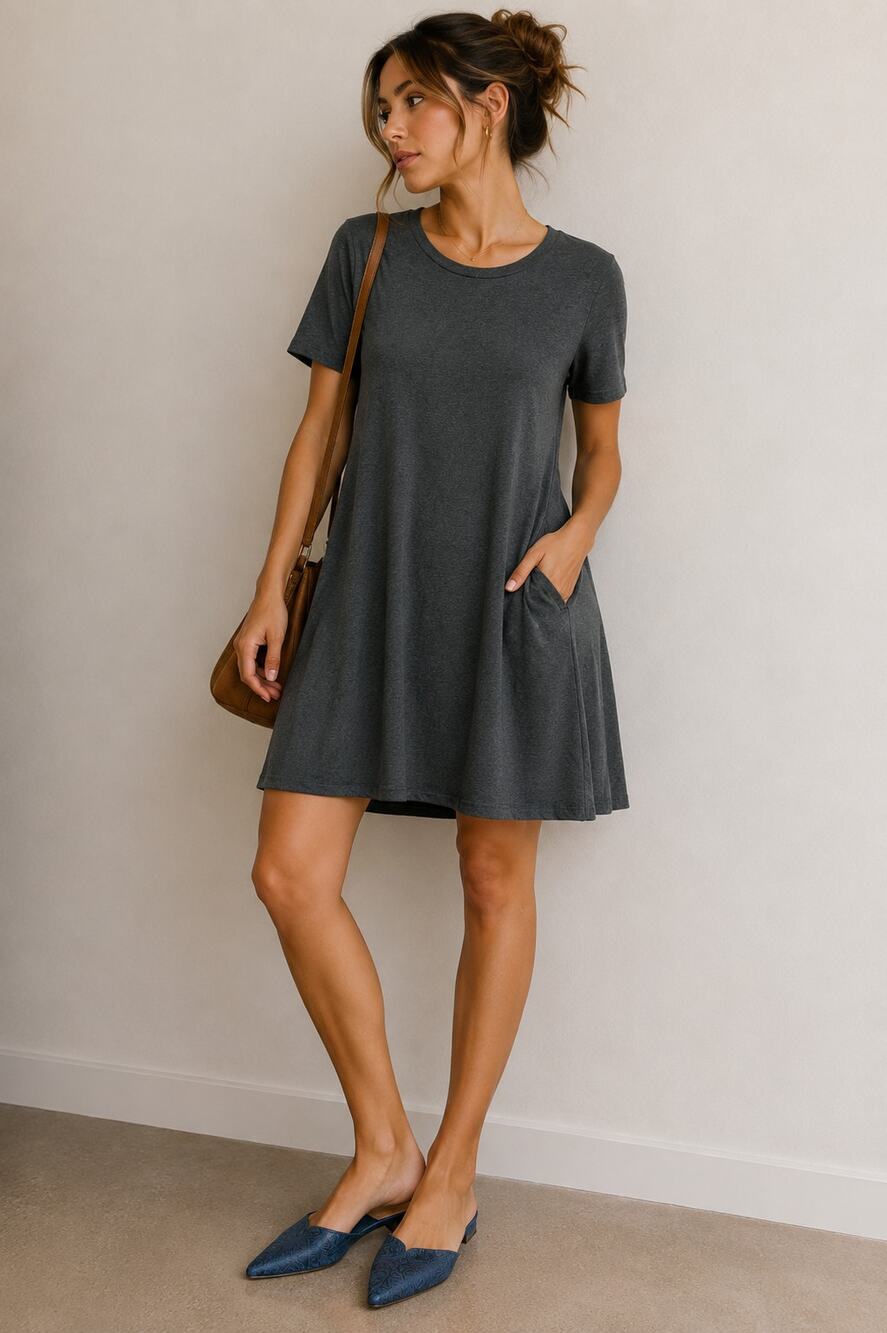 Eileen Fisher Grey Short Sleeve Jersey Knit Mini Dress Womens S Stretch Comfort